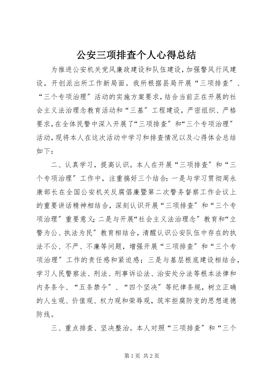 2023年公安三项排查个人心得总结.docx_第1页