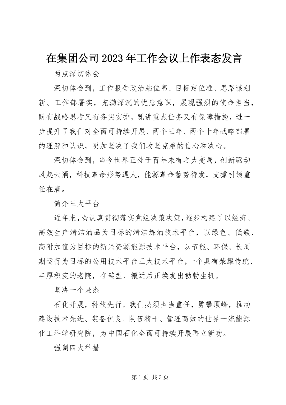 2023年在集团公司工作会议上作表态讲话.docx_第1页