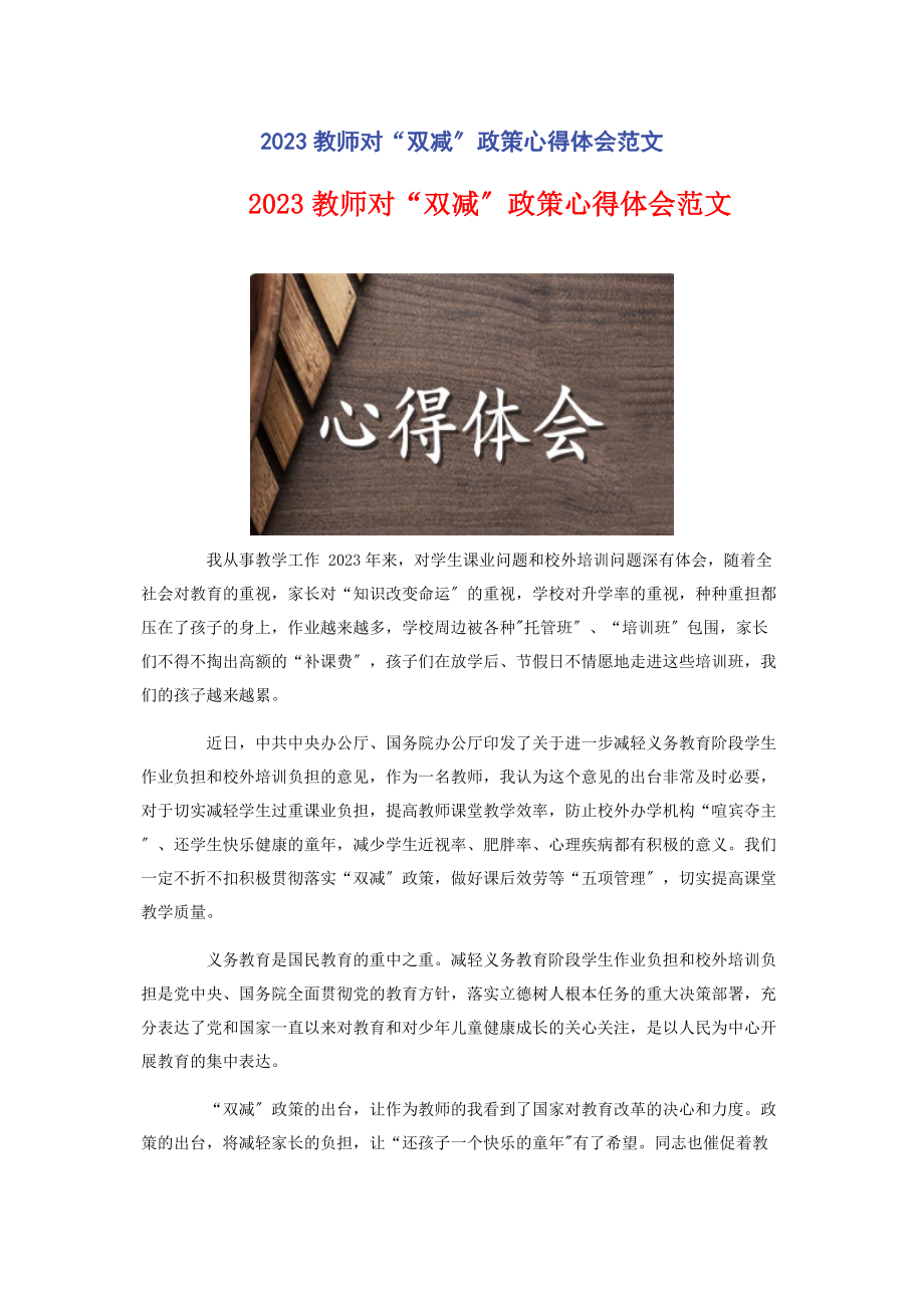 2023年教师对“双减”政策心得体会.docx_第1页