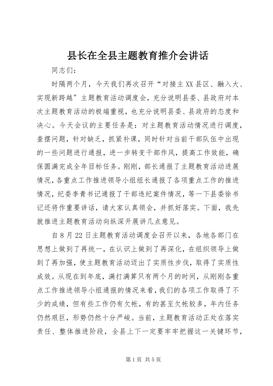 2023年县长在全县主题教育推介会致辞.docx_第1页