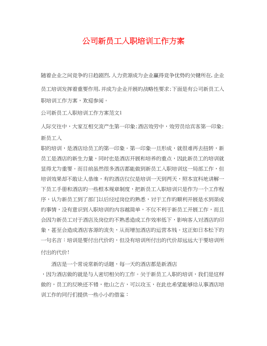 2023年公司新员工入职培训工作计划.docx_第1页