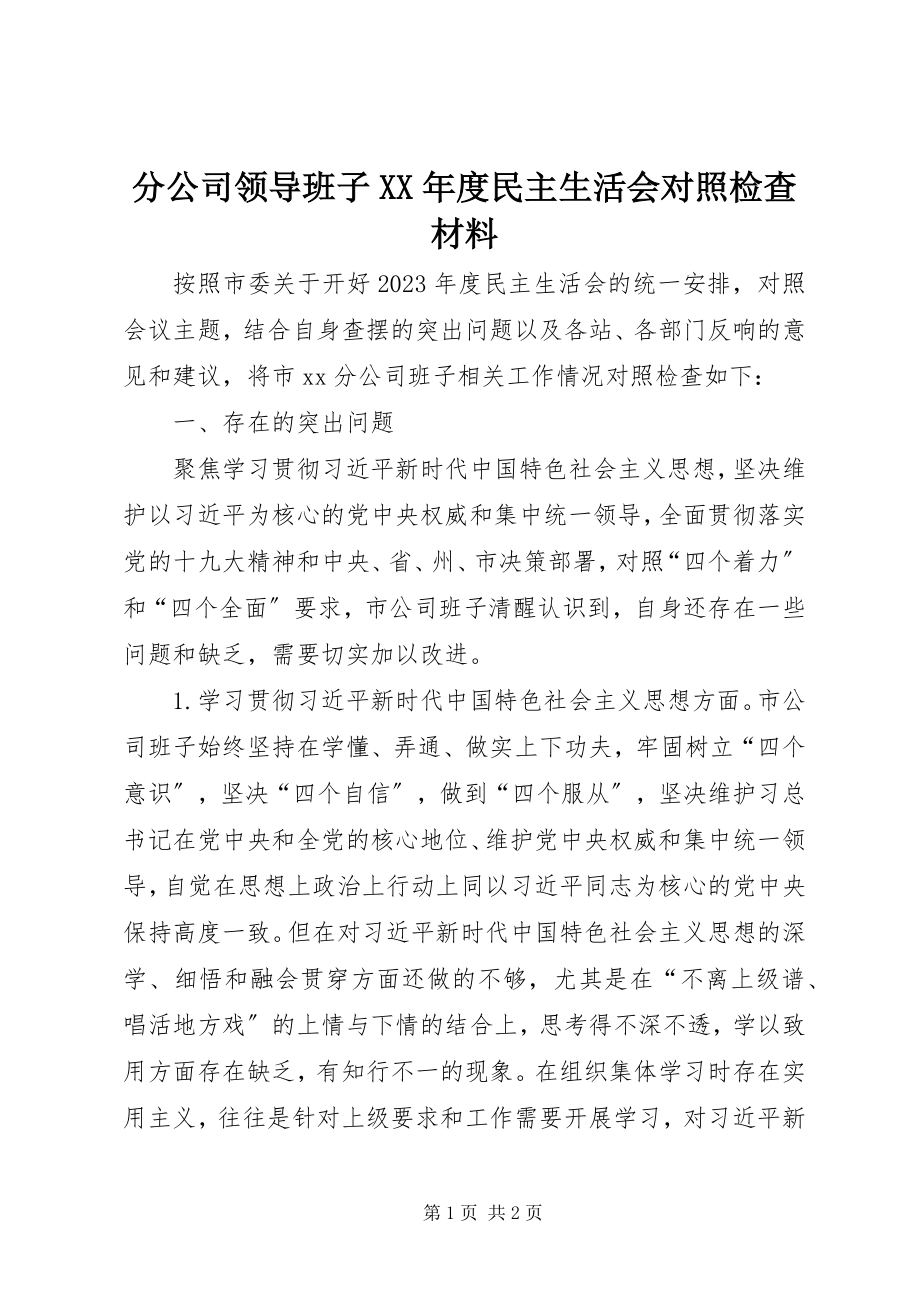 2023年分公司领导班子某年度民主生活会对照检查材料.docx_第1页