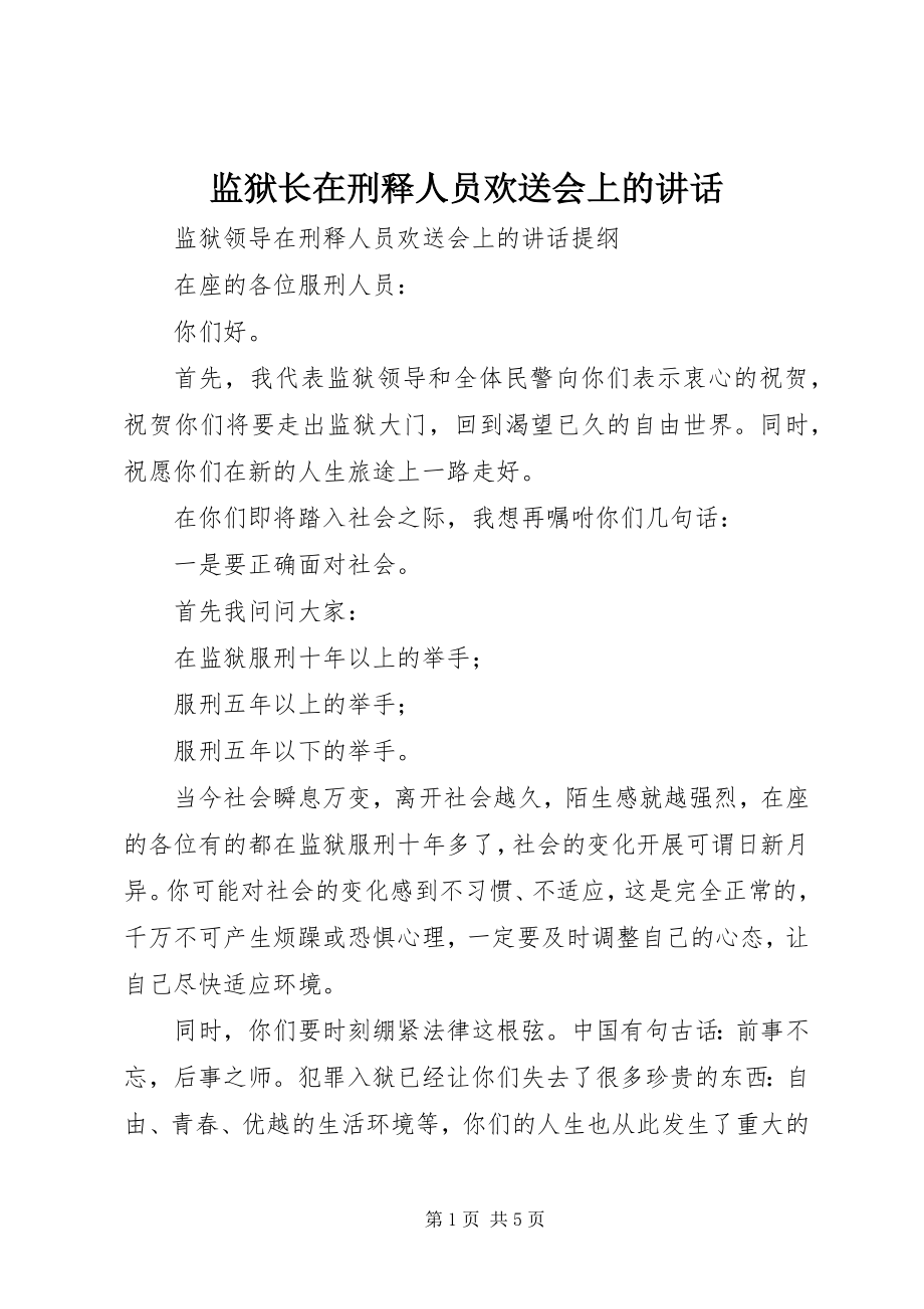 2023年监狱长在刑释人员欢送会上的致辞.docx_第1页