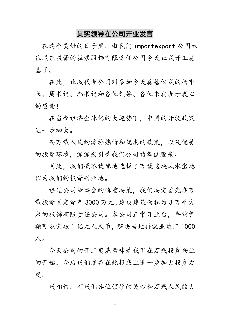 2023年贯实领导在公司开业发言范文.doc_第1页