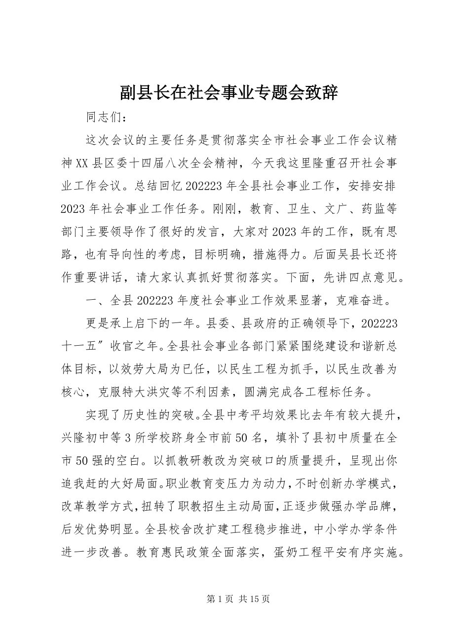 2023年副县长在社会事业专题会致辞.docx_第1页