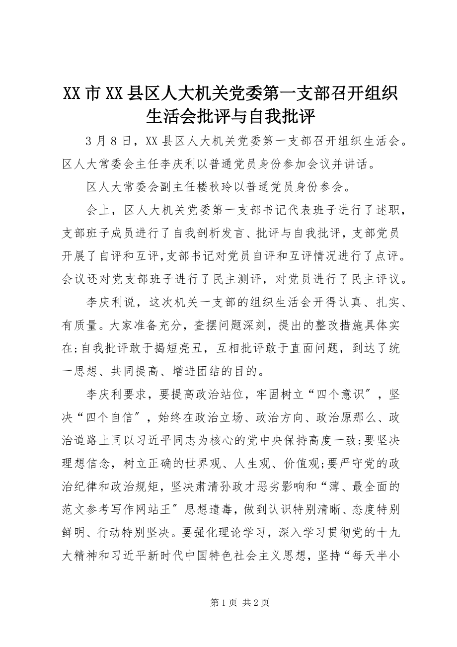 2023年XX市XX县区人大机关党委第一支部召开组织生活会批评与自我批评.docx_第1页