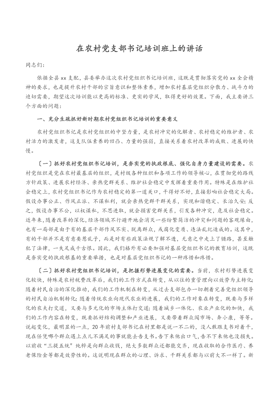 2023年在农村党支部书记培训班上的讲话.doc_第1页