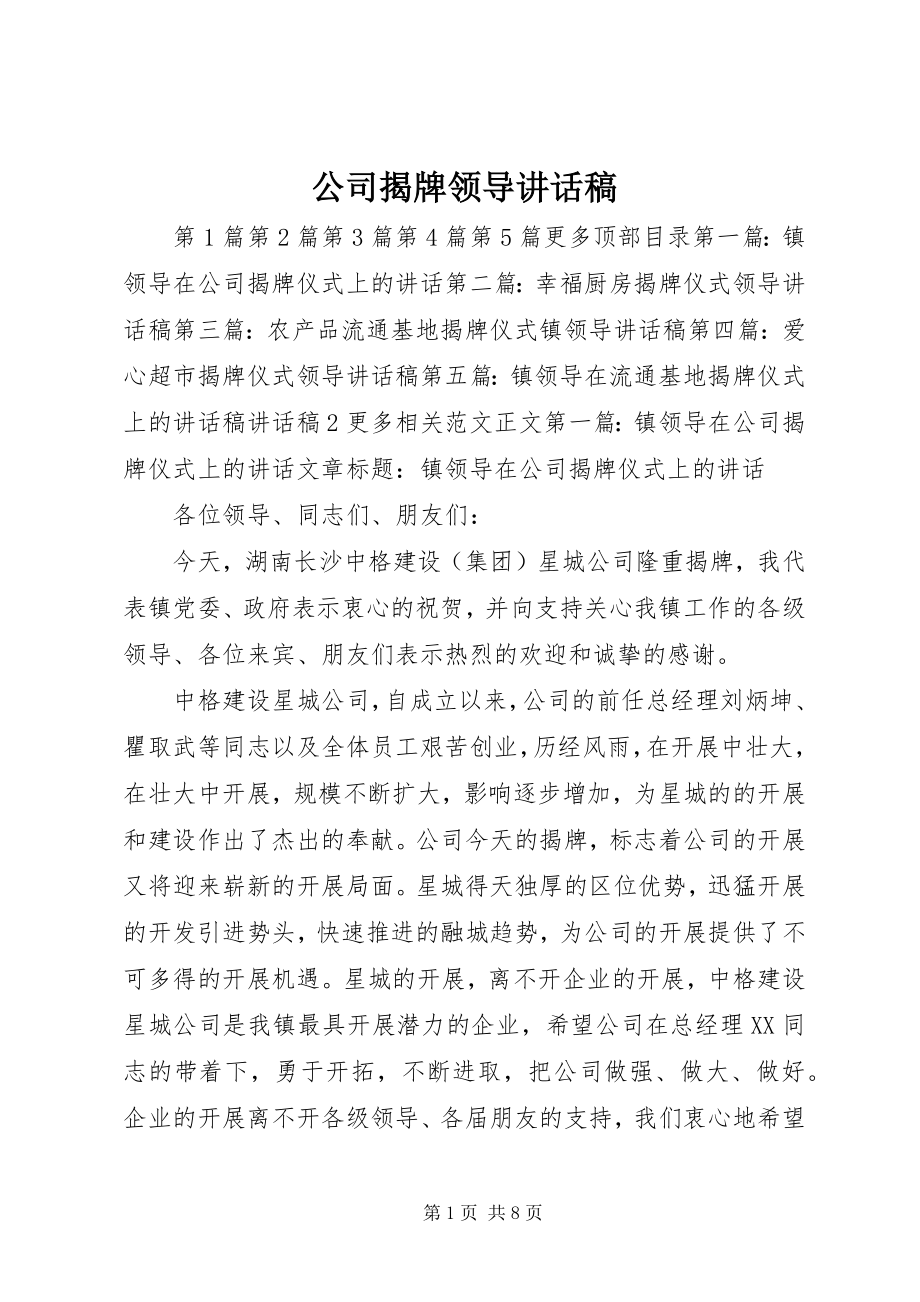 2023年公司揭牌领导致辞稿.docx_第1页