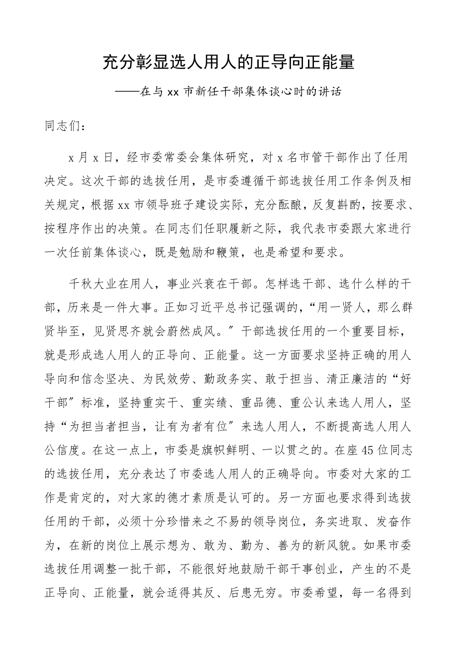 在2023年与市新任干部集体谈心时的讲话充分彰显选人用人的正导向正能量精编.docx_第1页