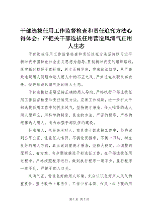 2023年《干部选拔任用工作监督检查和责任追究办法》心得体会严把关干部选拔任用营造风清气正用人生态新编.docx