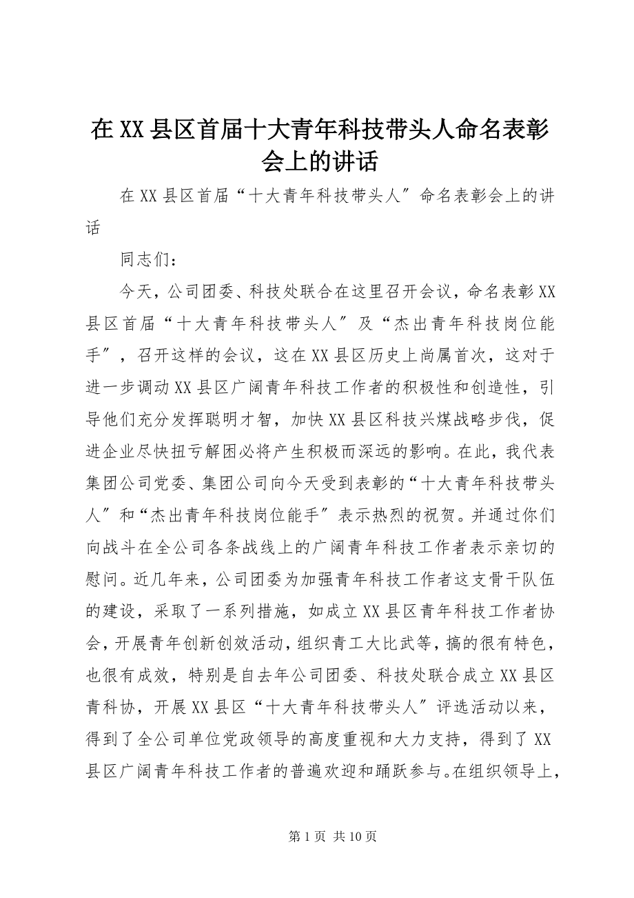 2023年在XX县区首届十大青年科技带头人命名表彰会上的致辞.docx_第1页