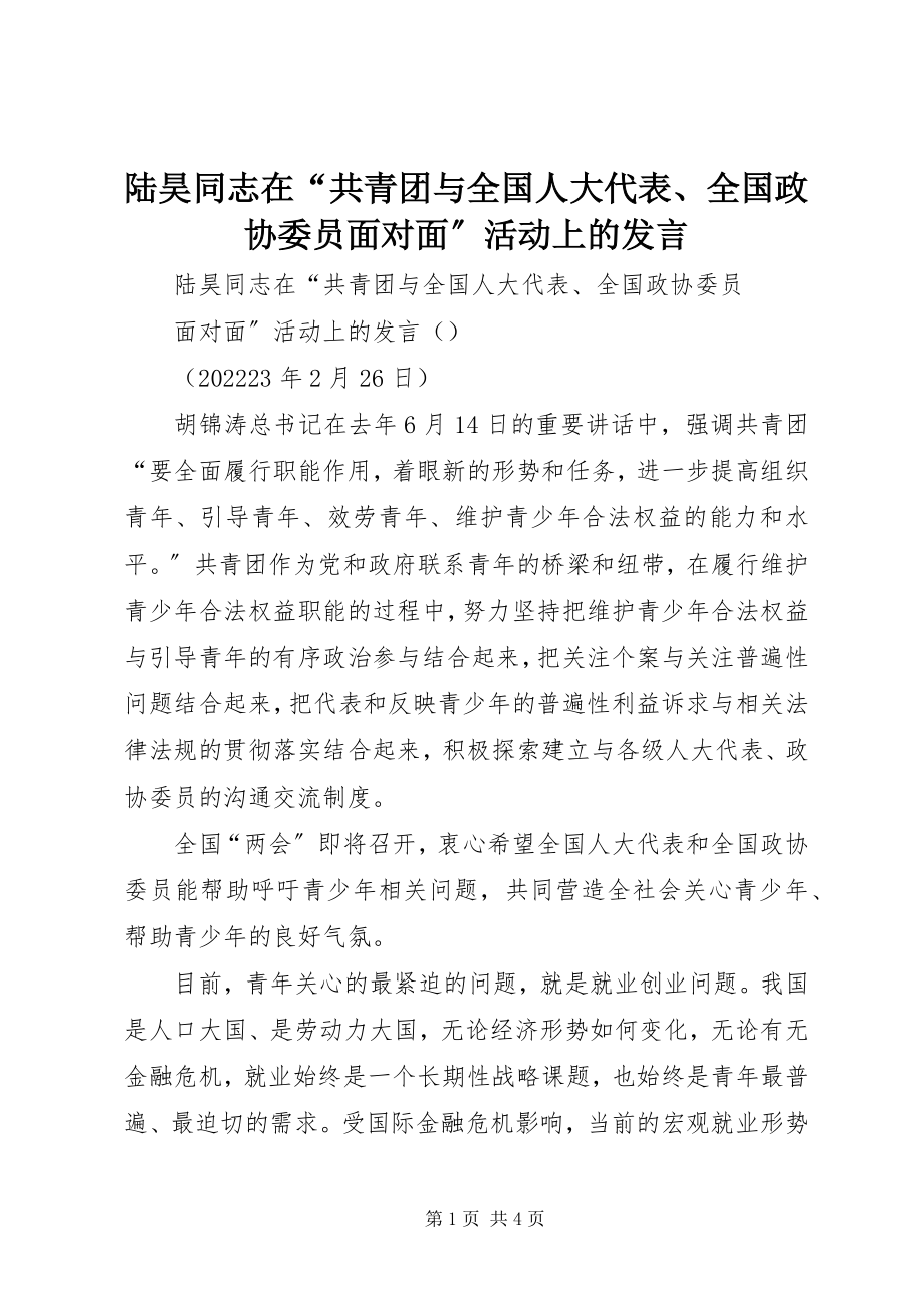 2023年陆昊同志在“共青团与全国人大代表、全国政协委员面对面”活动上的讲话.docx_第1页