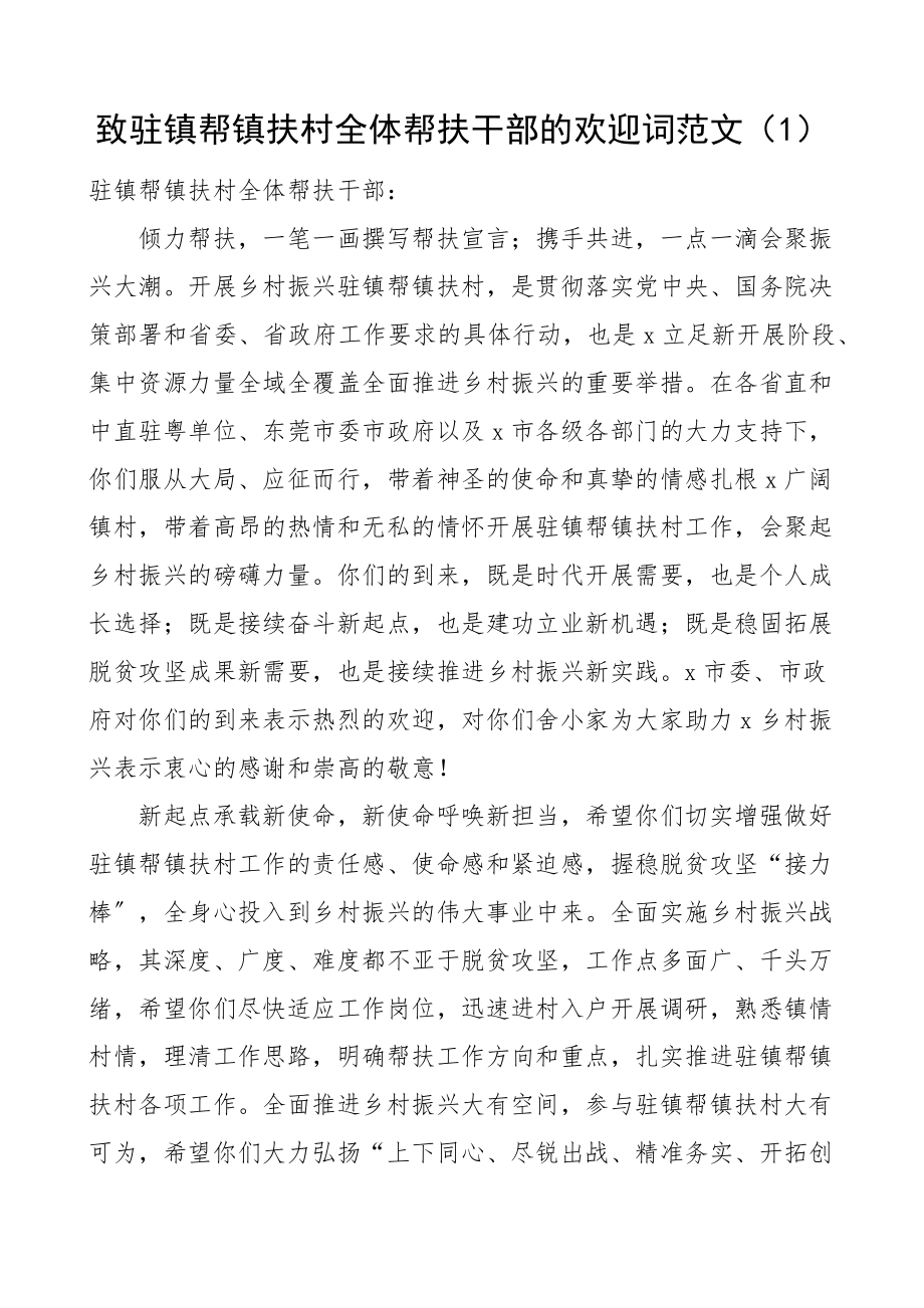 2023年致驻镇帮镇扶村全体帮扶干部的欢迎词致辞讲话.docx_第1页