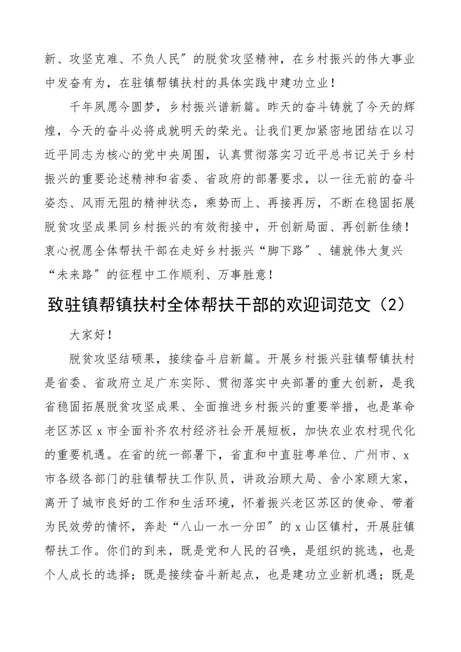 2023年致驻镇帮镇扶村全体帮扶干部的欢迎词致辞讲话.docx_第2页