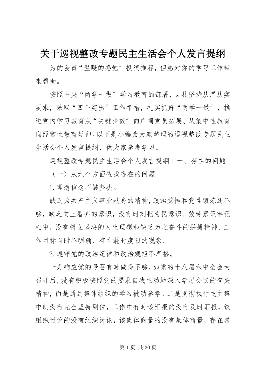 2023年巡视整改专题民主生活会个人讲话提纲.docx_第1页