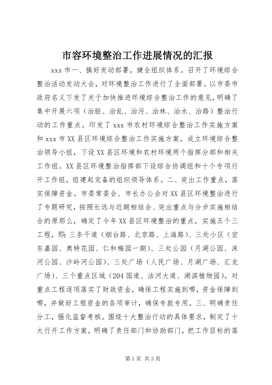 2023年市容环境整治工作进展情况的汇报.docx_第1页