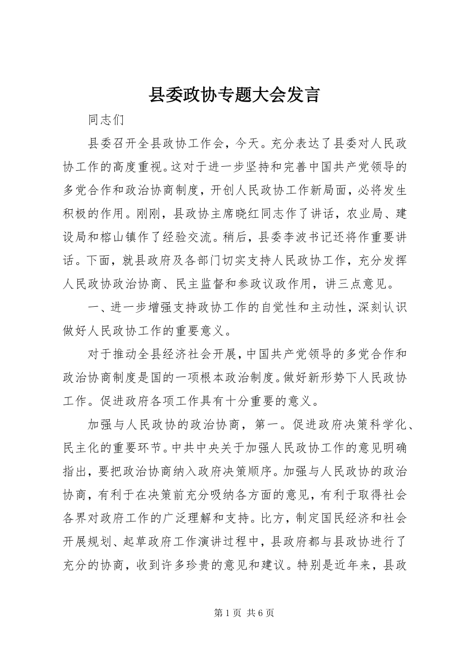 2023年县委政协专题大会讲话.docx_第1页