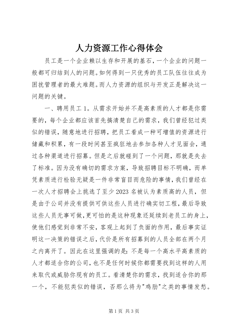 2023年人力资源工作心得体会.docx_第1页