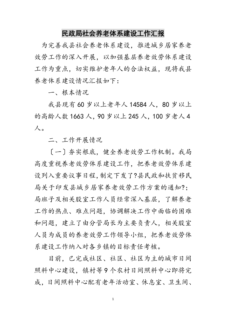 2023年民政局社会养老体系建设工作汇报范文.doc_第1页