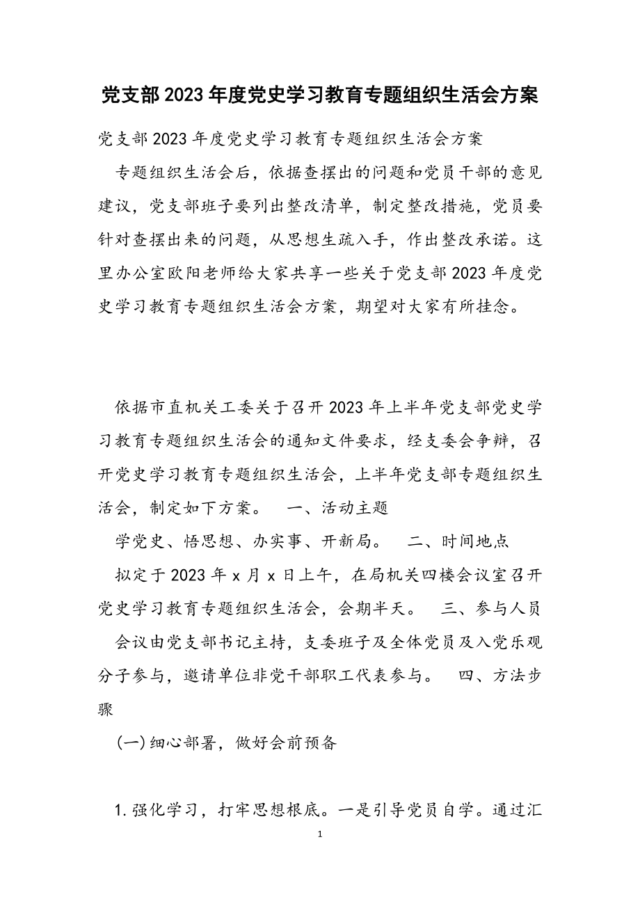 党支部2023年度党史学习教育专题组织生活会方案.doc_第1页