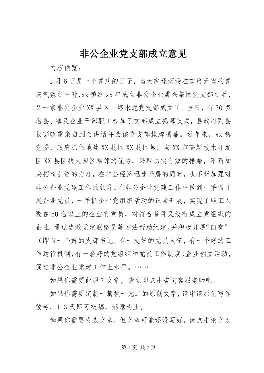 2023年非公企业党支部成立意见.docx_第1页