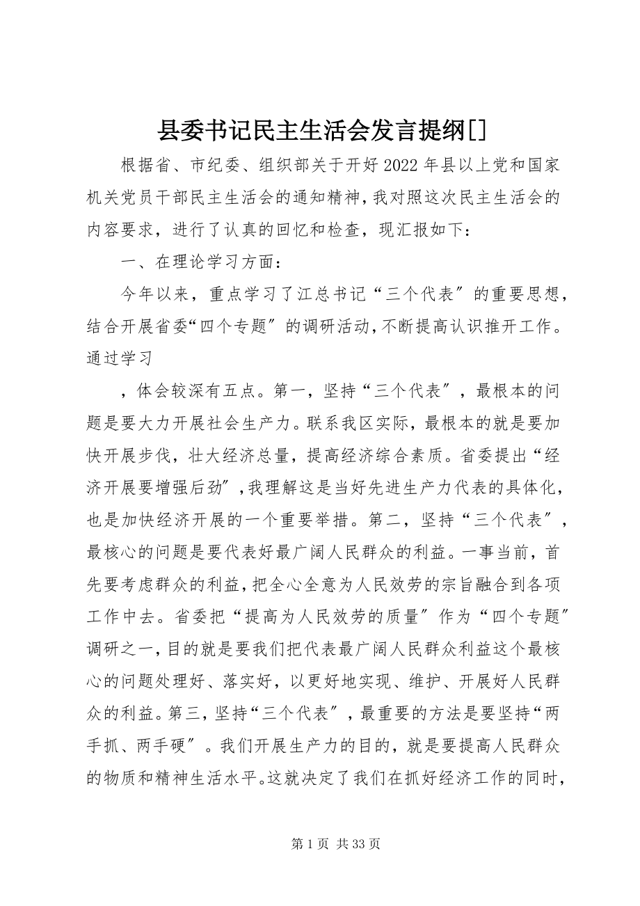 2023年县委书记民主生活会讲话提纲3.docx_第1页