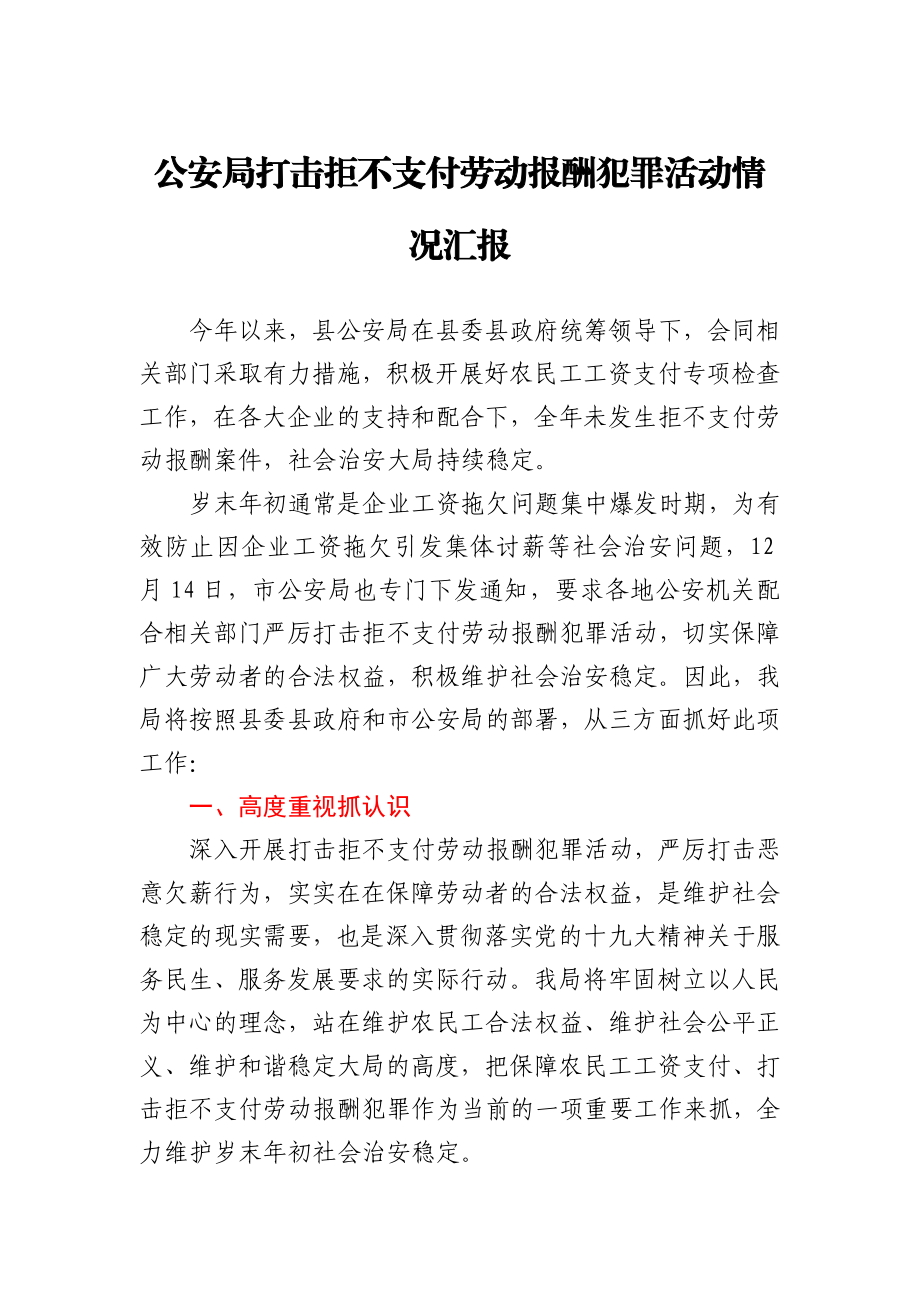 公安局打击拒不支付劳动报酬犯罪活动情况汇报.docx_第1页