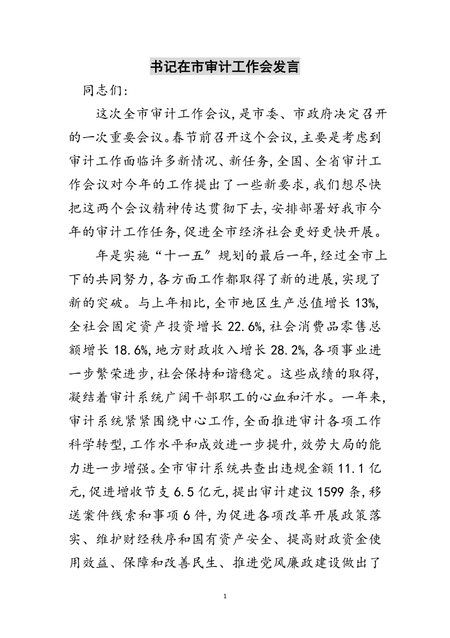 2023年书记在市审计工作会发言范文.doc_第1页