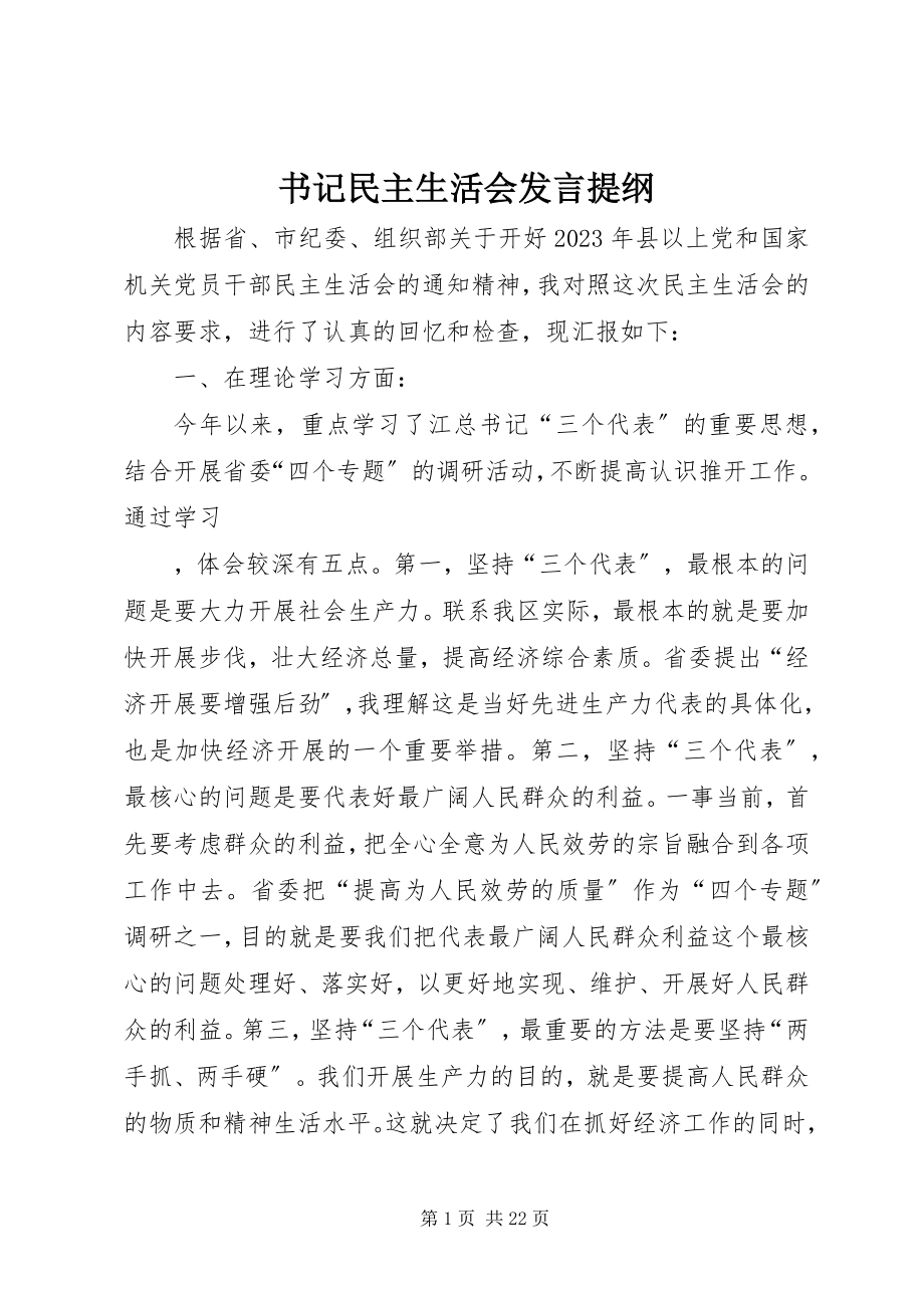 2023年书记民主生活会讲话提纲.docx_第1页