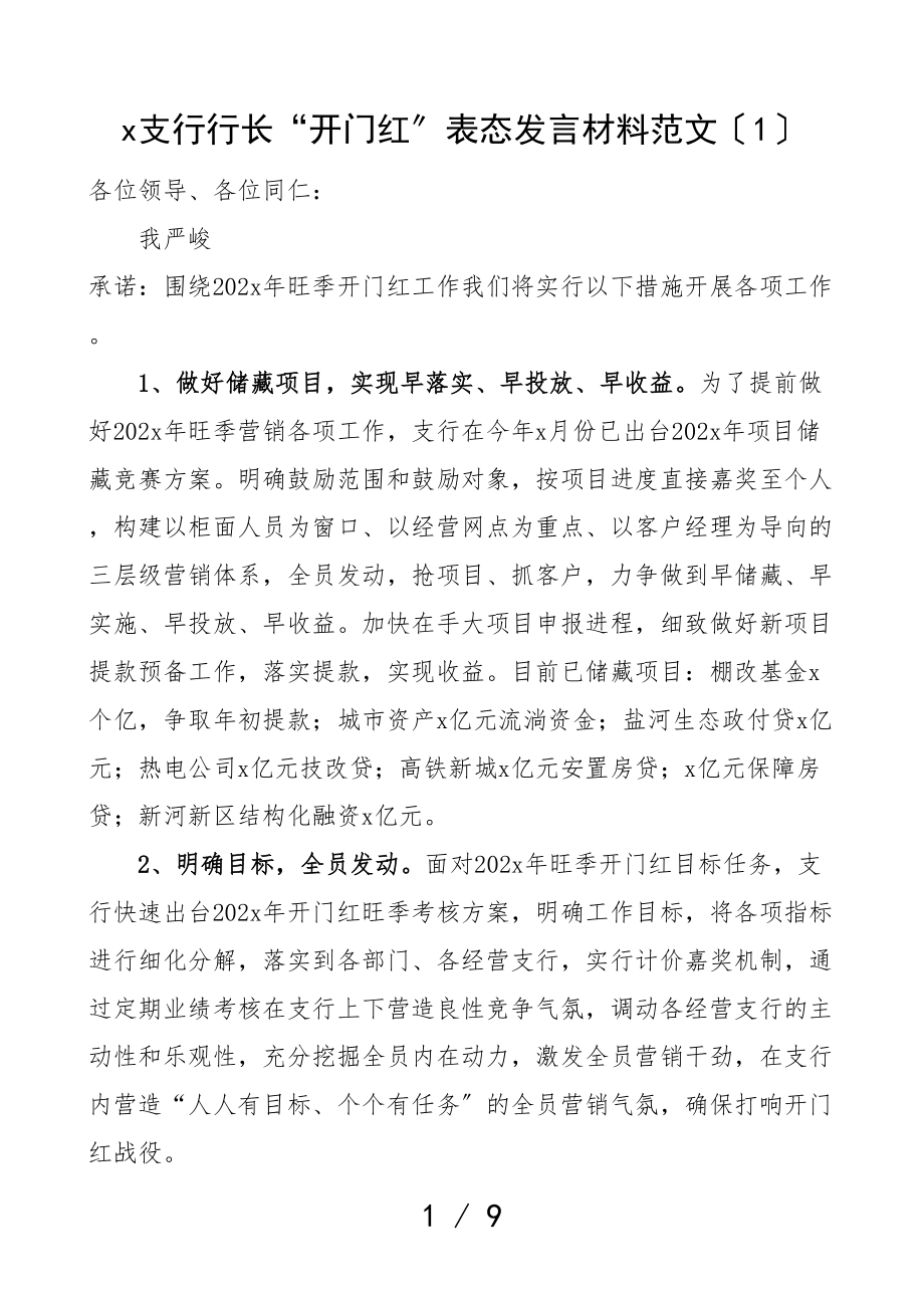 2023年开门红表态发言银行支行行长党群工作部经理开门红表态发言材料4篇.doc_第1页