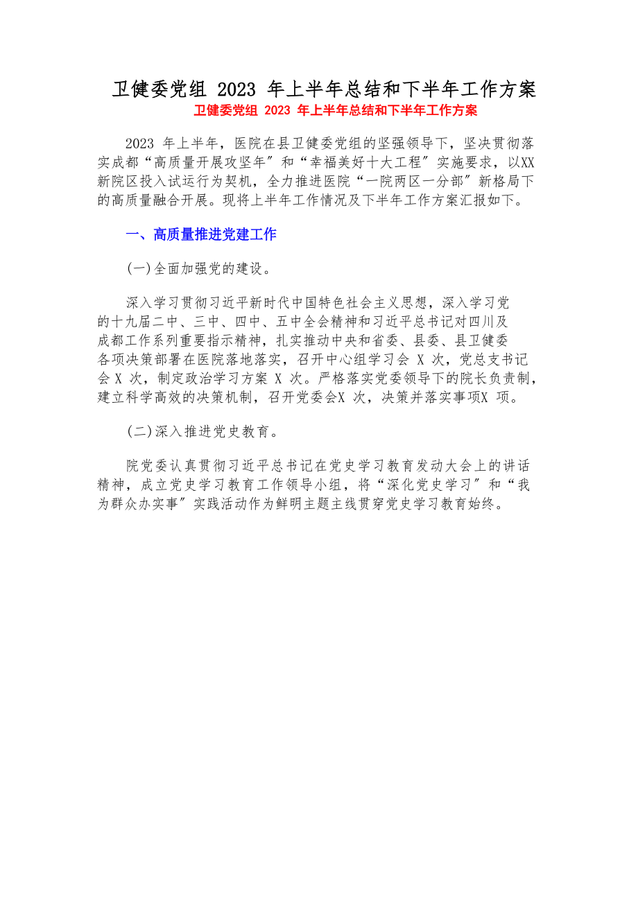 卫健委党组2023年上半年总结和下半年工作计划.docx_第1页