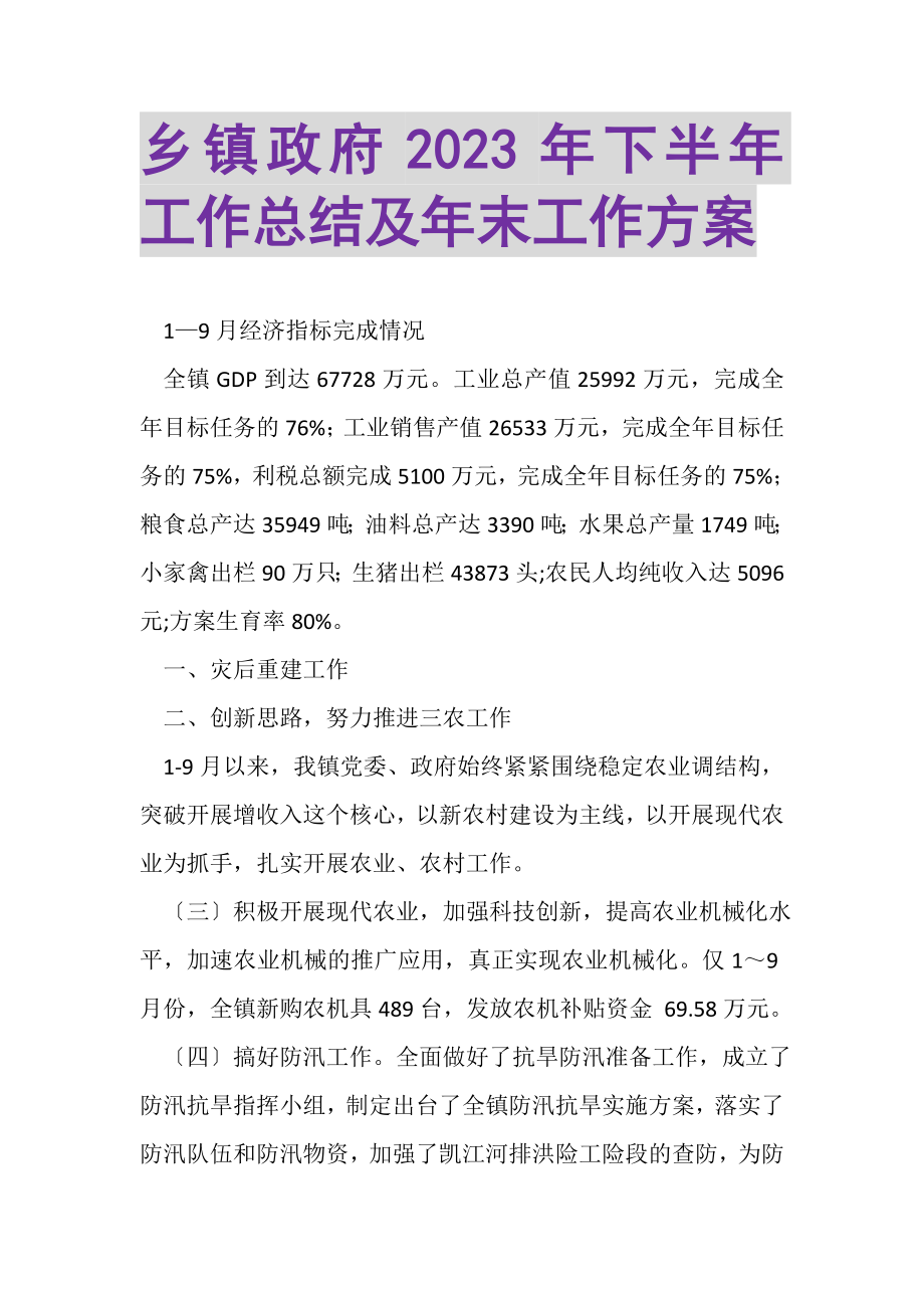 2023年乡镇政府年下半年工作总结及年末工作计划.doc_第1页