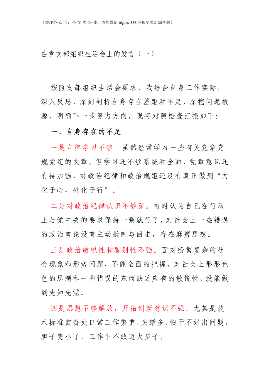 在党支部组织生活会上的发言材料.docx_第1页