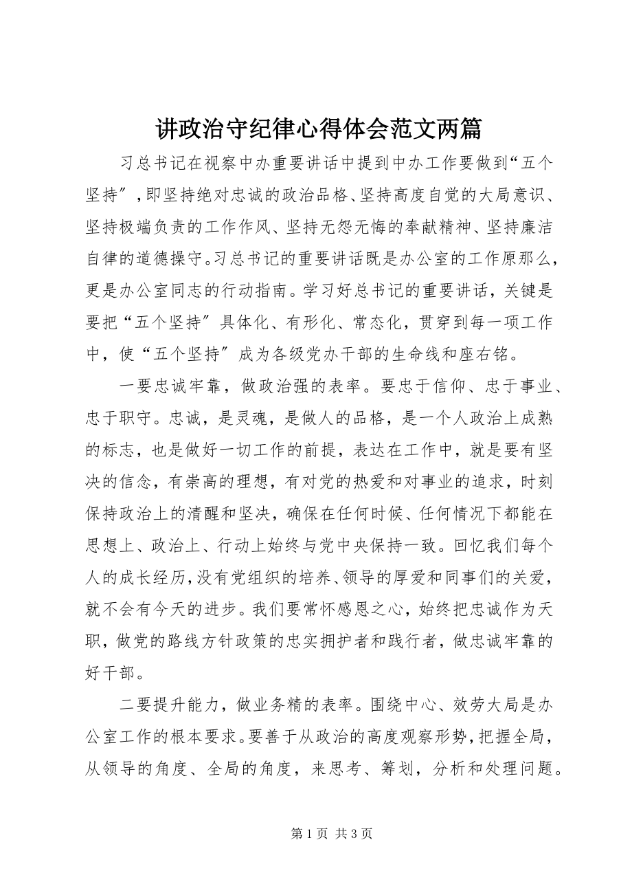 2023年讲政治守纪律心得体会两篇.docx_第1页