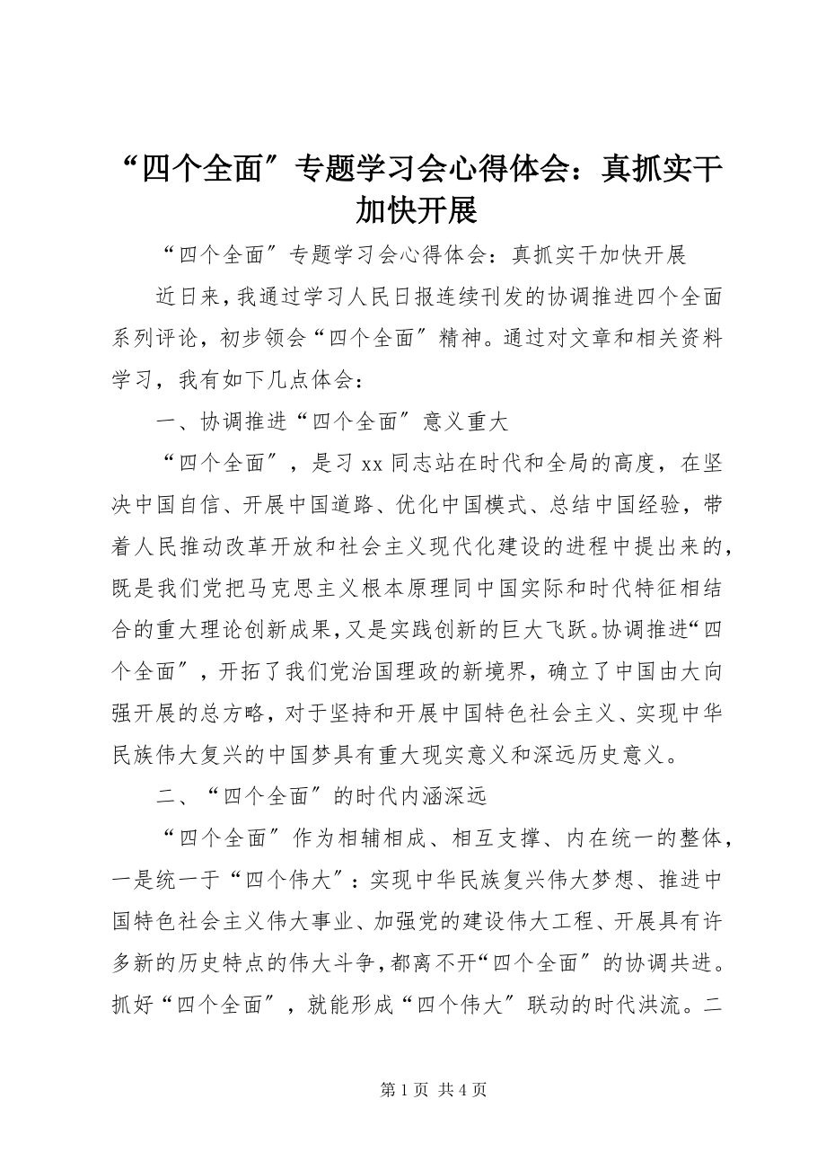 2023年“四个全面”专题学习会心得体会真抓实干加快发展新编.docx_第1页