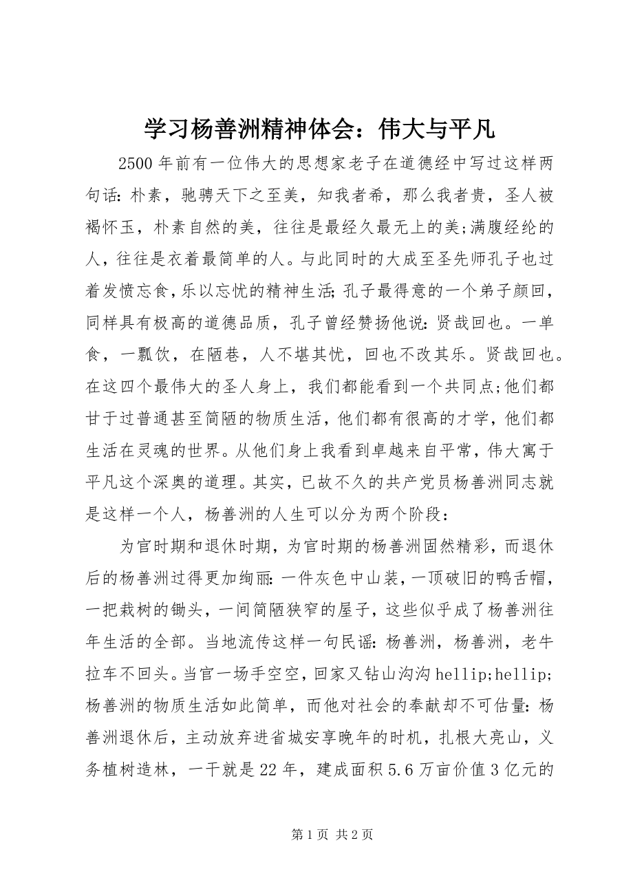 2023年学习杨善洲精神体会伟大与平凡.docx_第1页