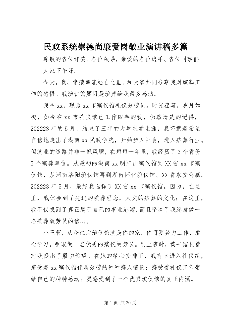 2023年民政系统崇德尚廉爱岗敬业演讲稿多篇.docx_第1页