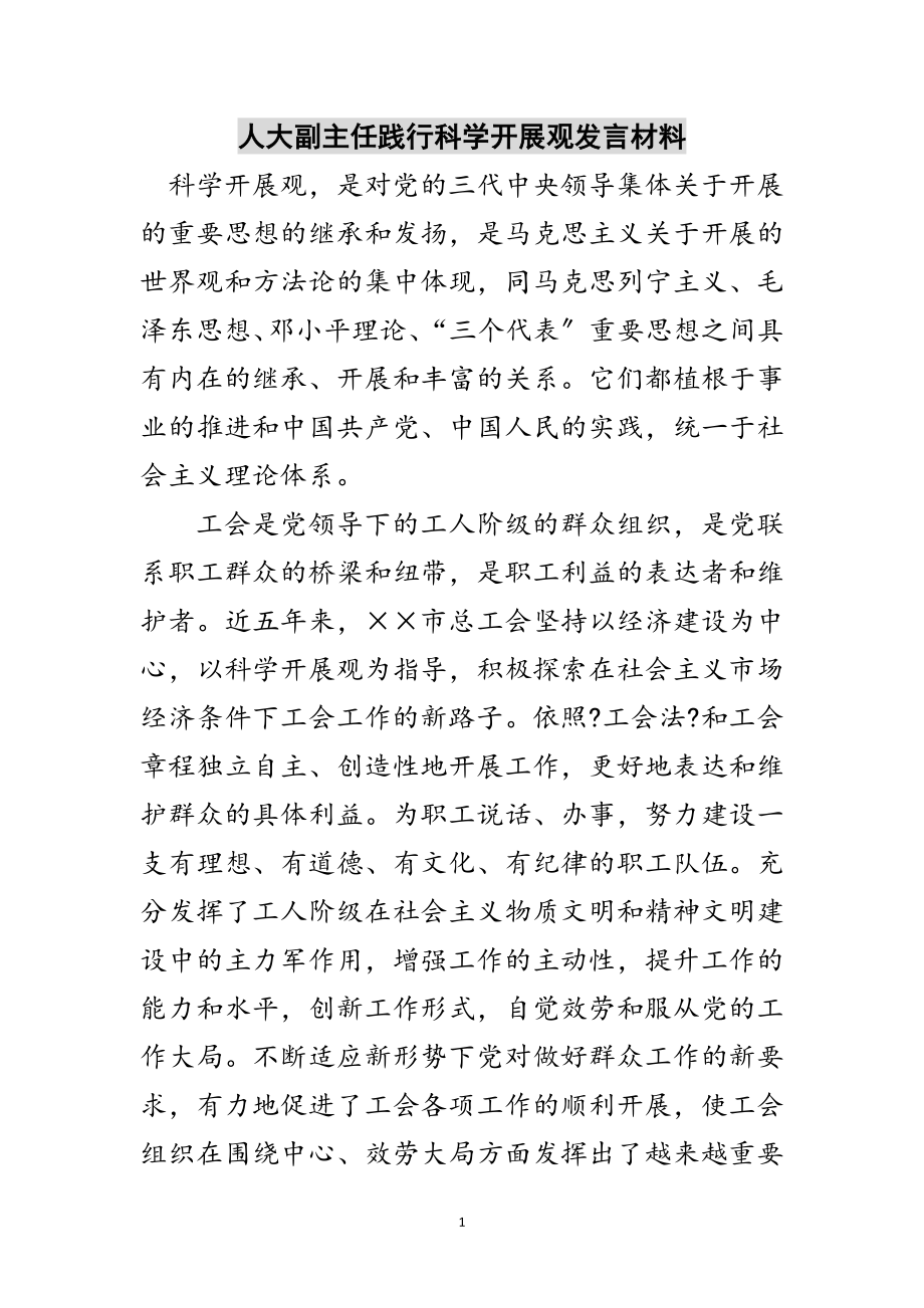 2023年人大副主任践行科学发展观发言材料范文.doc_第1页