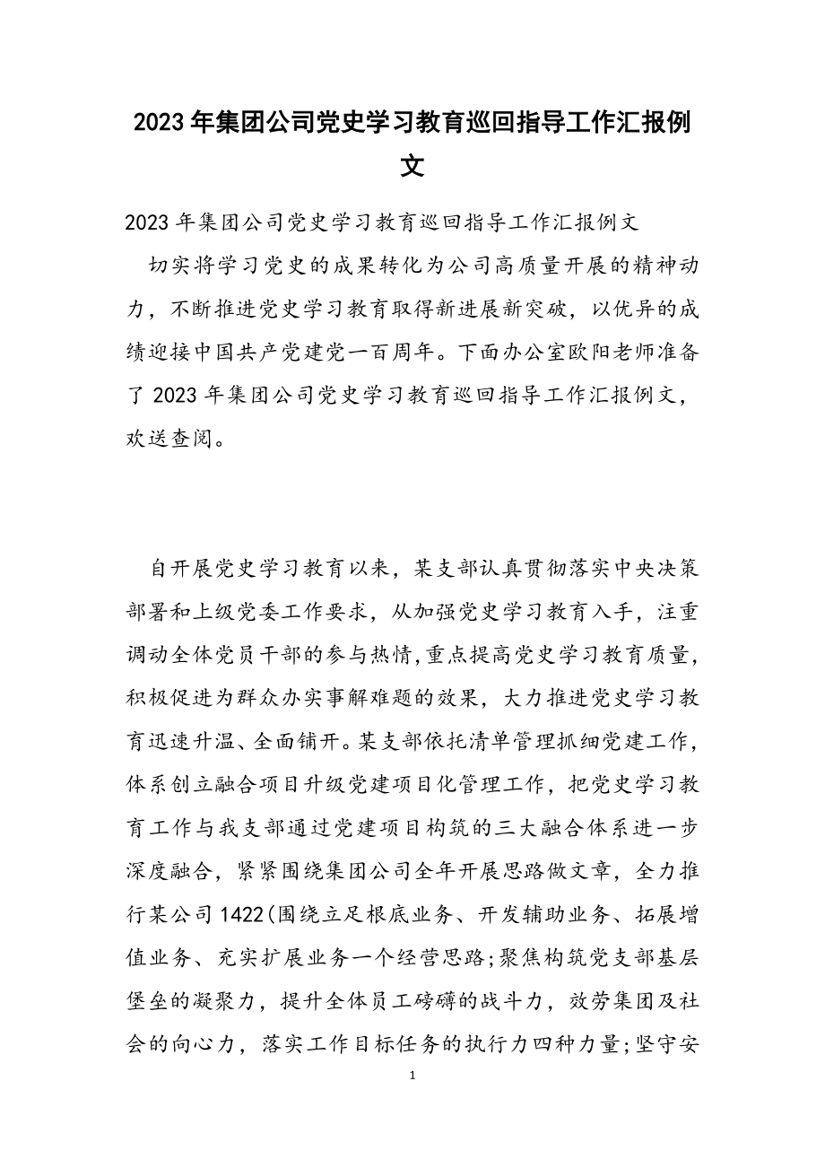 2023年集团公司党史学习教育巡回指导工作汇报例文.docx_第1页