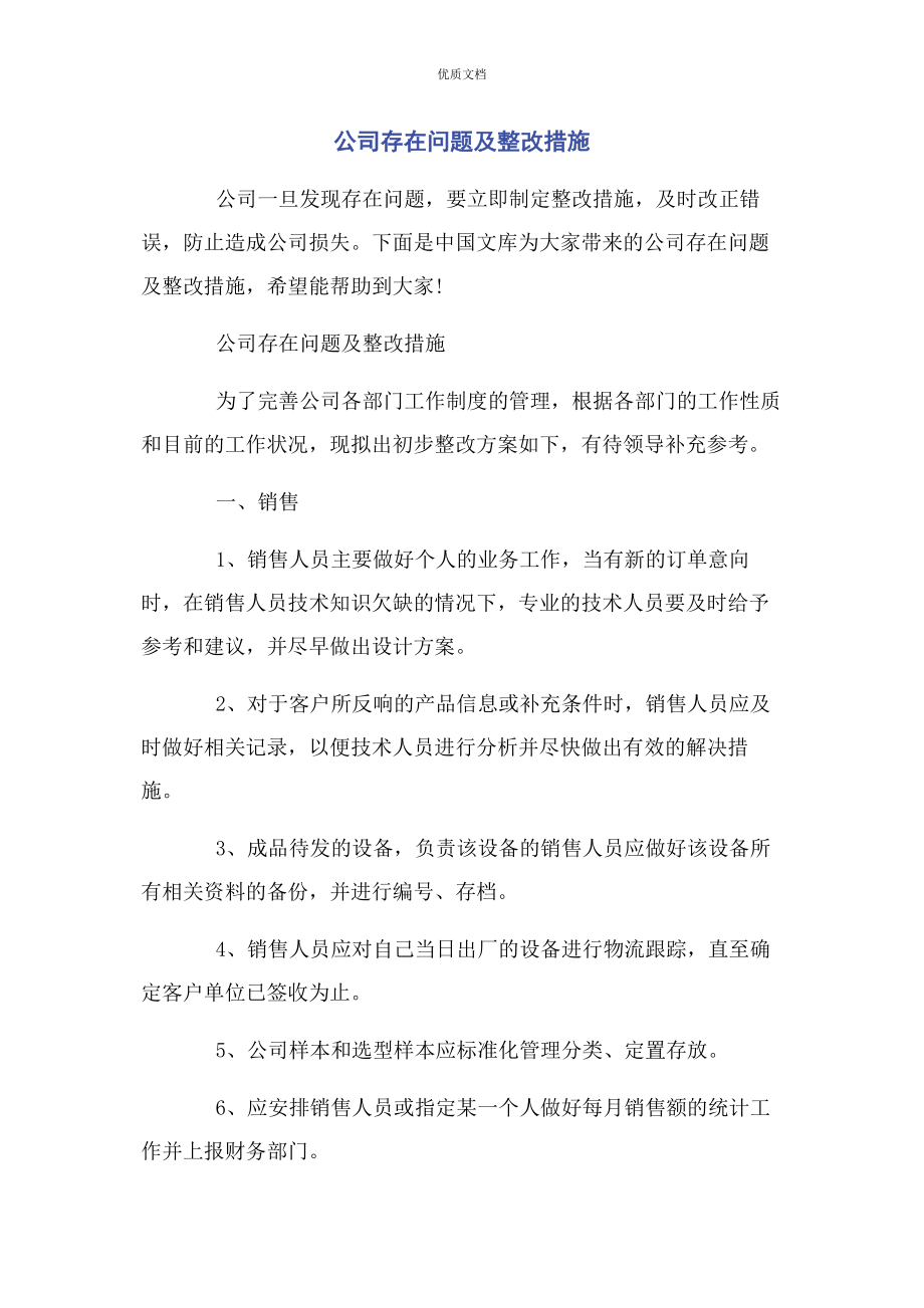 2023年公司存在问题及整改措施.docx_第1页