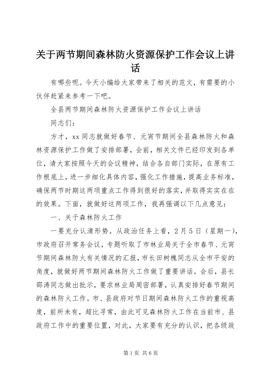 2023年两节期间森林防火资源保护工作会议上致辞.docx_第1页