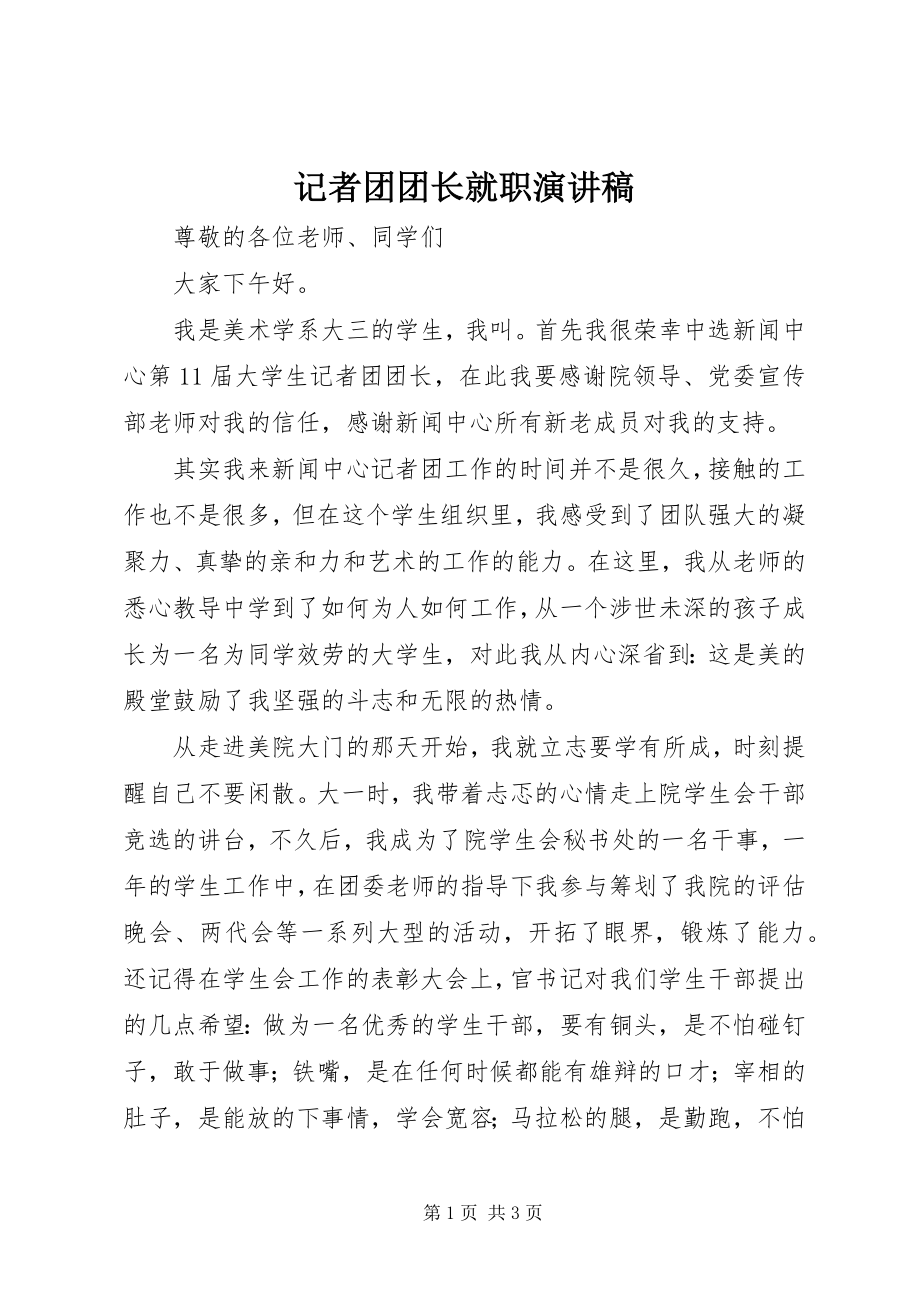 2023年记者团团长就职演讲稿.docx_第1页