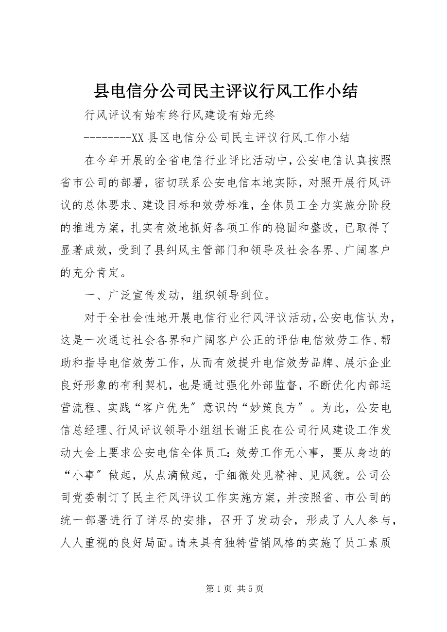 2023年县电信分公司民主评议行风工作小结.docx_第1页