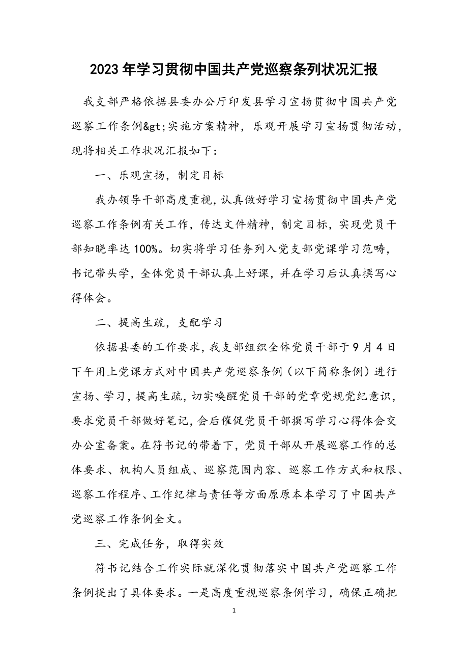 2023年学习贯彻《中国共产党巡视条列》情况汇报.docx_第1页