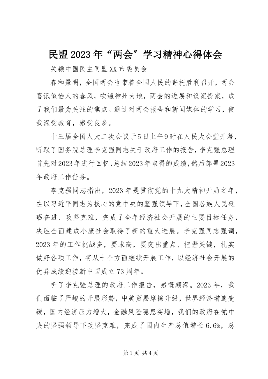 2023年民盟“两会”学习精神心得体会.docx_第1页