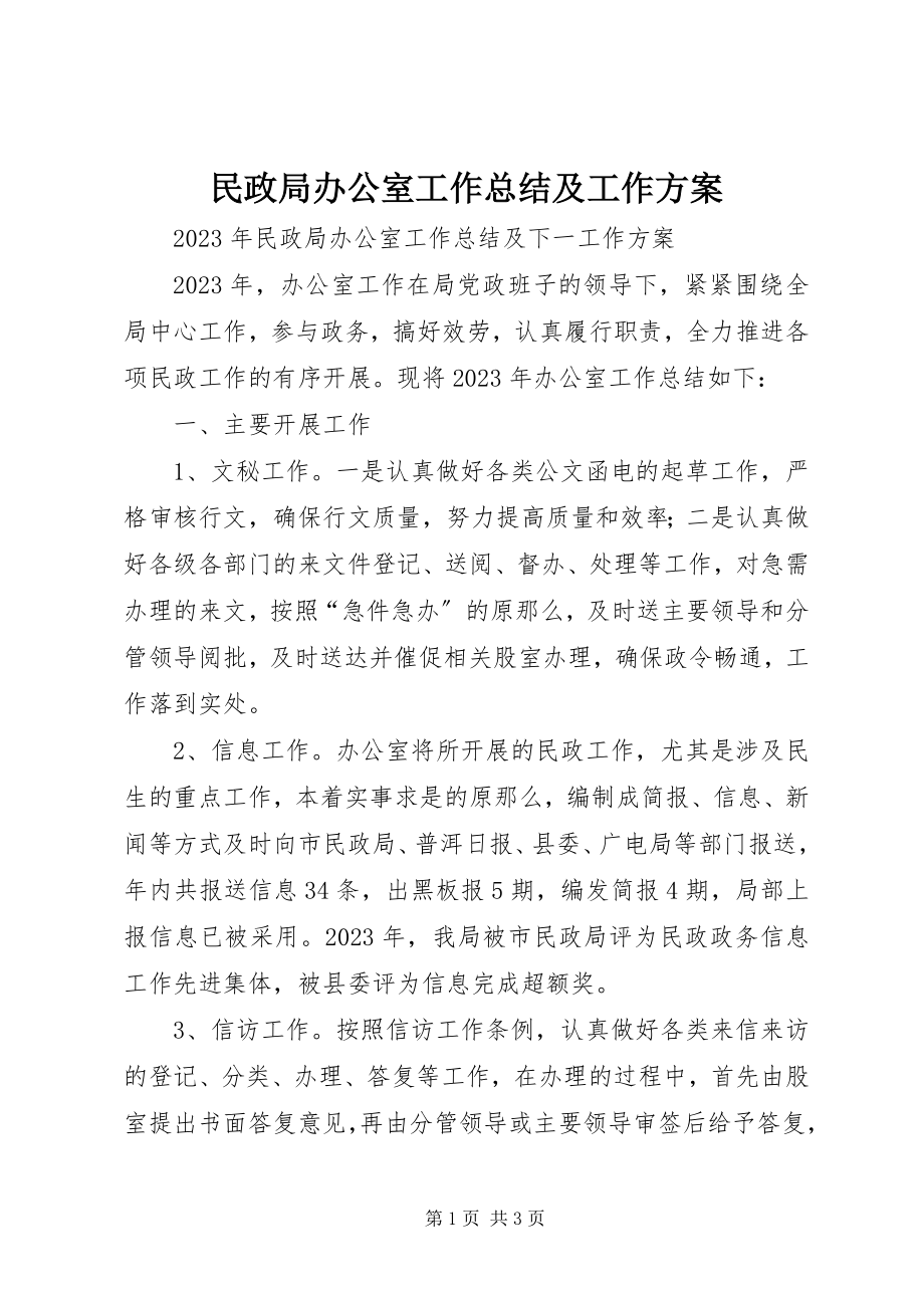 2023年民政局办公室工作总结及工作计划.docx_第1页