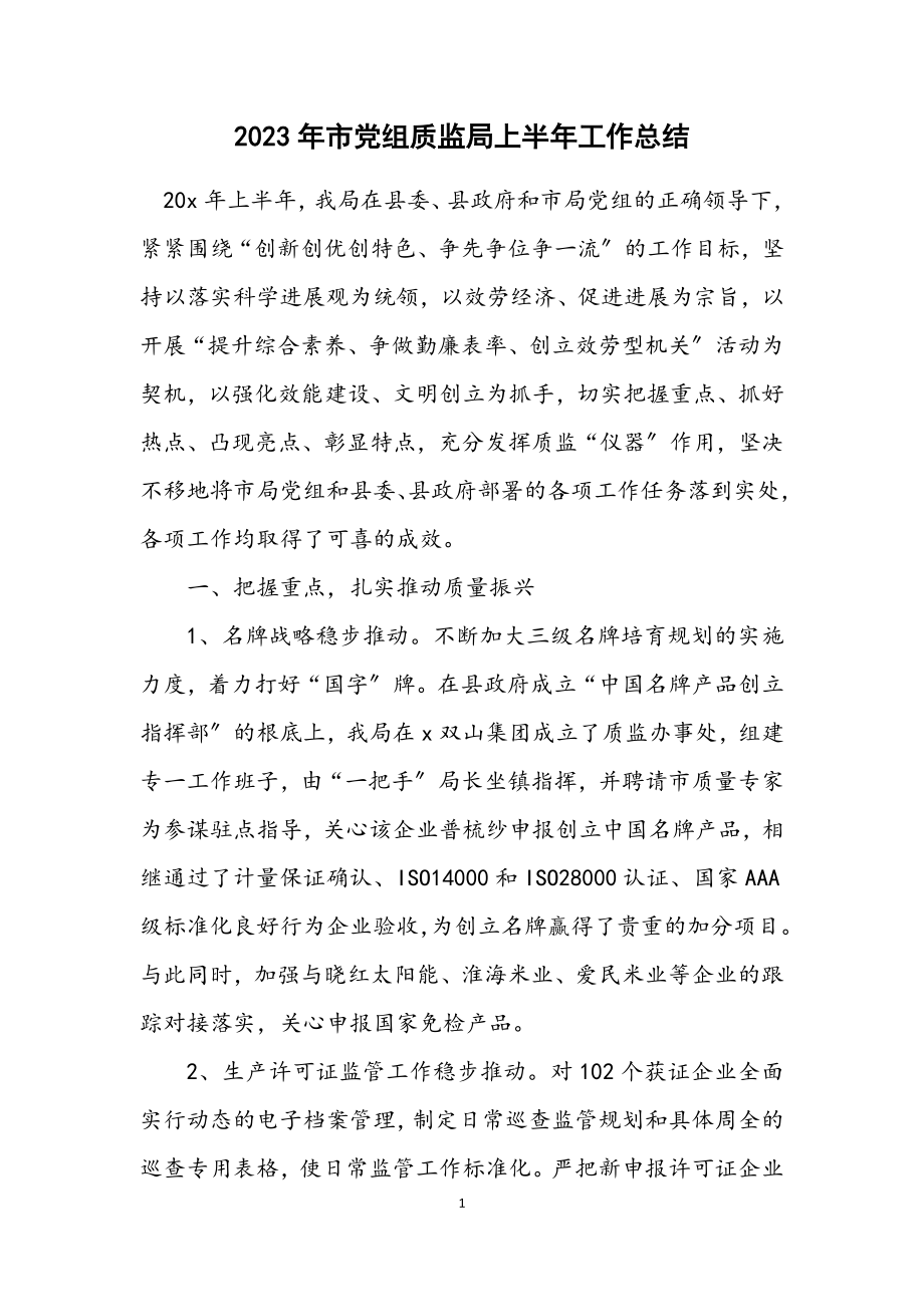 2023年市党组质监局上半年工作总结.docx_第1页