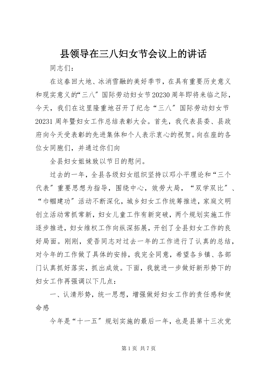 2023年县领导在三八妇女节会议上的致辞.docx_第1页