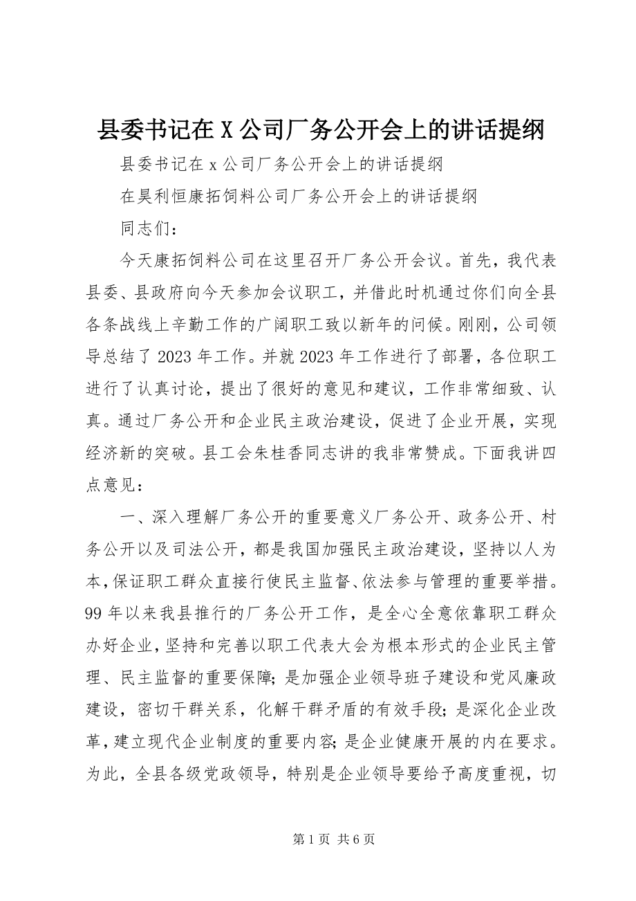 2023年县委书记在X公司厂务公开会上的致辞提纲.docx_第1页