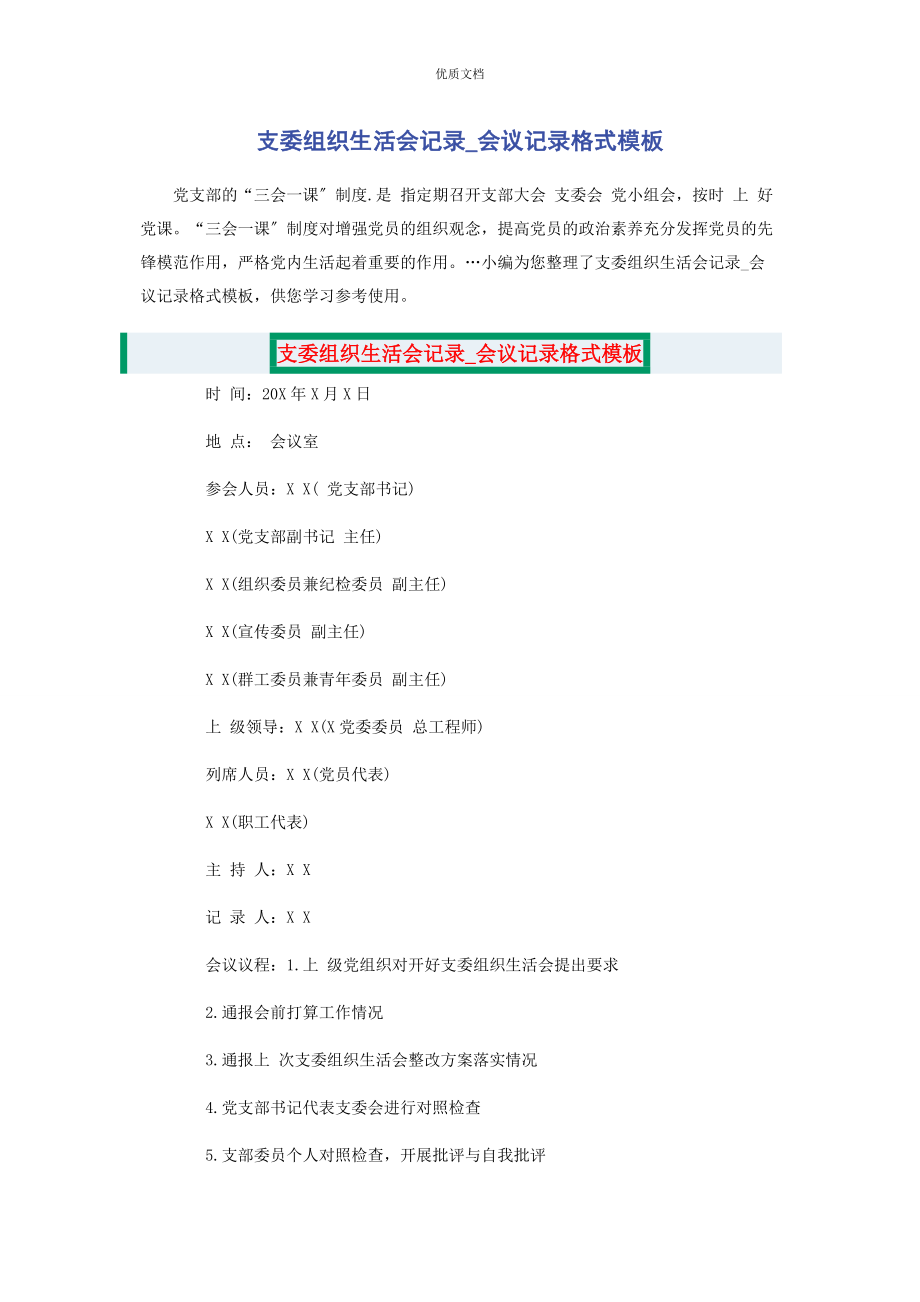 2023年支委组织生活会记录会议记录格式模板.docx_第1页